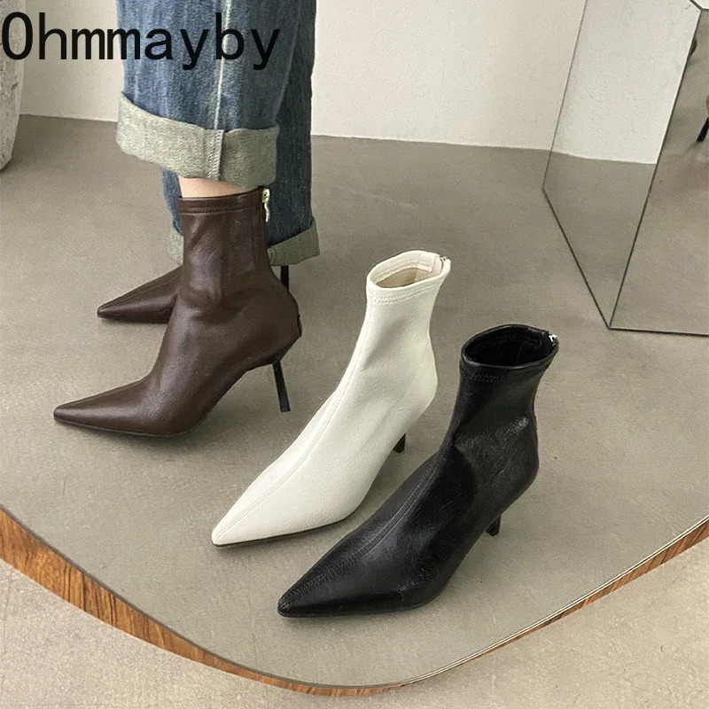 Pointed Toe Women Slim Ankle Boots Fashion Back Zippers Shoes Autumn Winter Thin High Heel Womens Morder Short Booties 241125