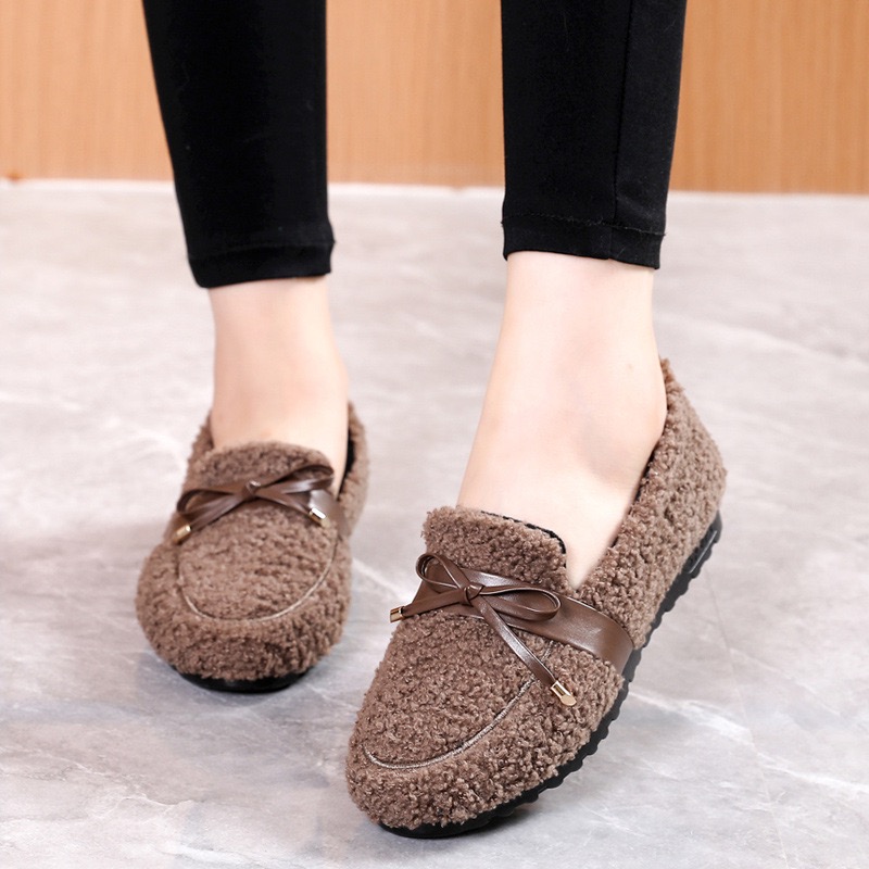 2025 new curly sweet bowtie fur 3e367 flat shoes woman warm plush moccasins brand designer lamb wool flats women cotton loafers big size 43 s zhanyish