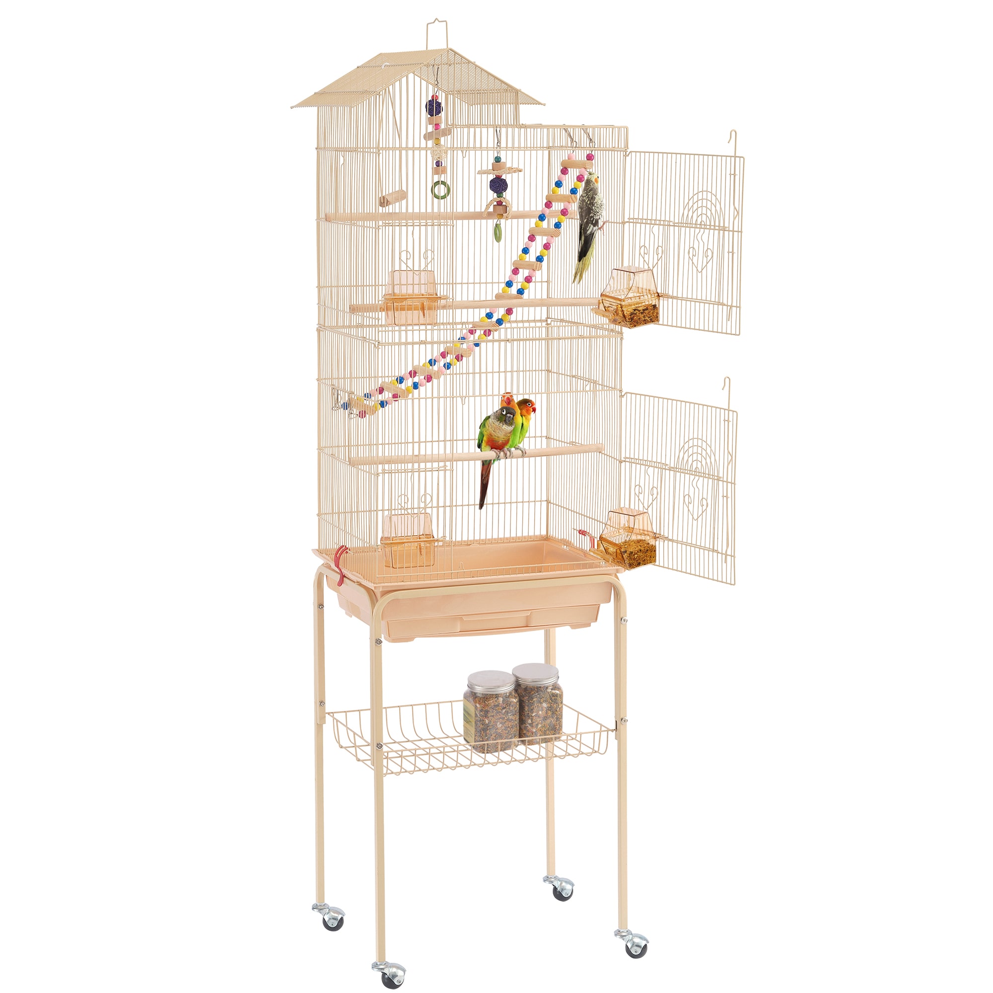Topeakmart Almond Metal Bird Cage with Ladder Toy and Rolling Detachable Stand, 62.4" H