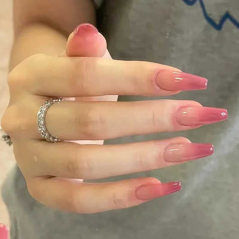 24 pieces of orange red gradient long ballet fake nails complete set of artificial nails reusable acrylic pressed nail tipsW241125