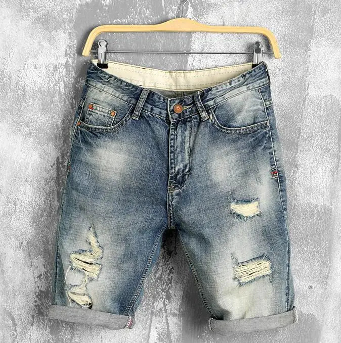 Summer Men Leather stitching Ripped Straight Jeans Short Fashion Casual Holes Bermuda Retro Cargo Denim jogger shorts 240422