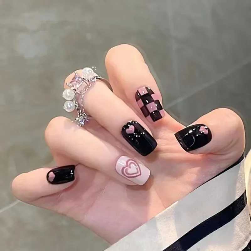 Black checkered wearable pink pressed fake nail tip with adhesive fake nail design butterfly cute girl fake nailW241125
