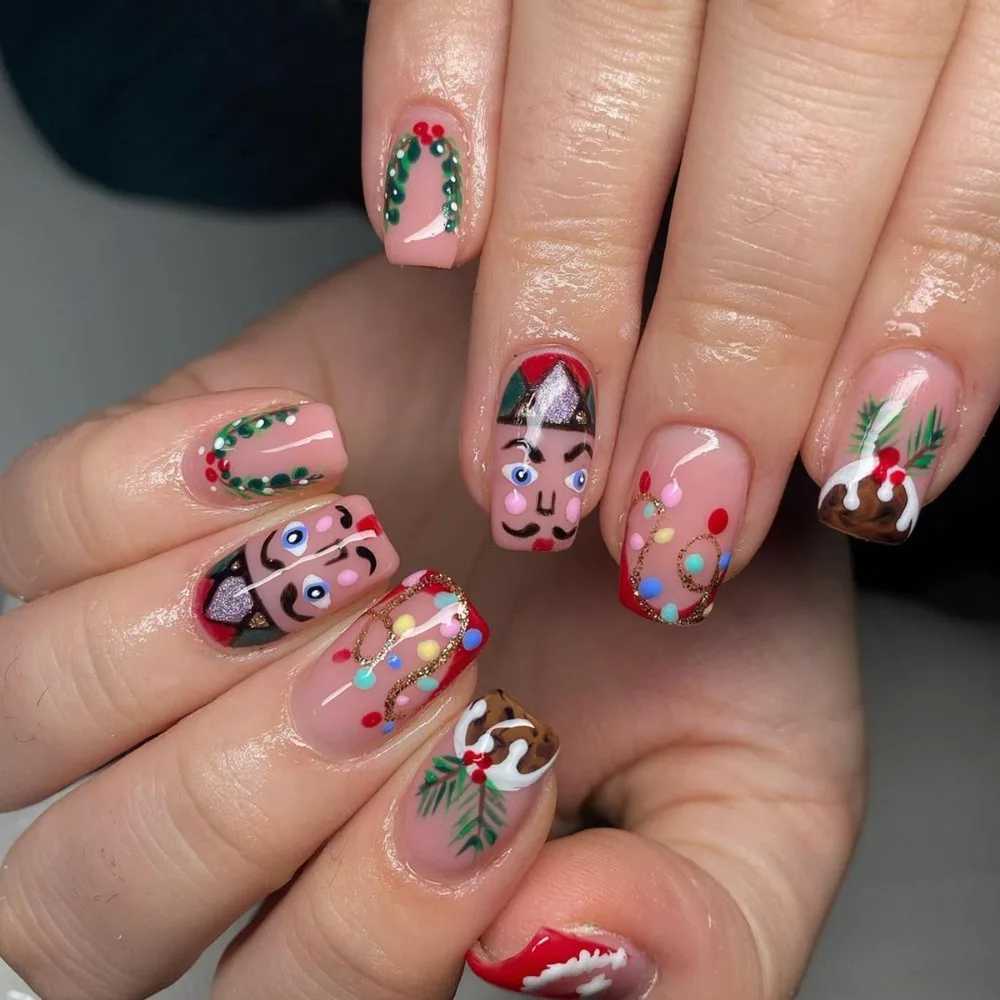 24 Christmas Snowflakes Fake Nails Square Head French Nails Snowflakes Pressed on Nails Waterproof Fake NailsW241125