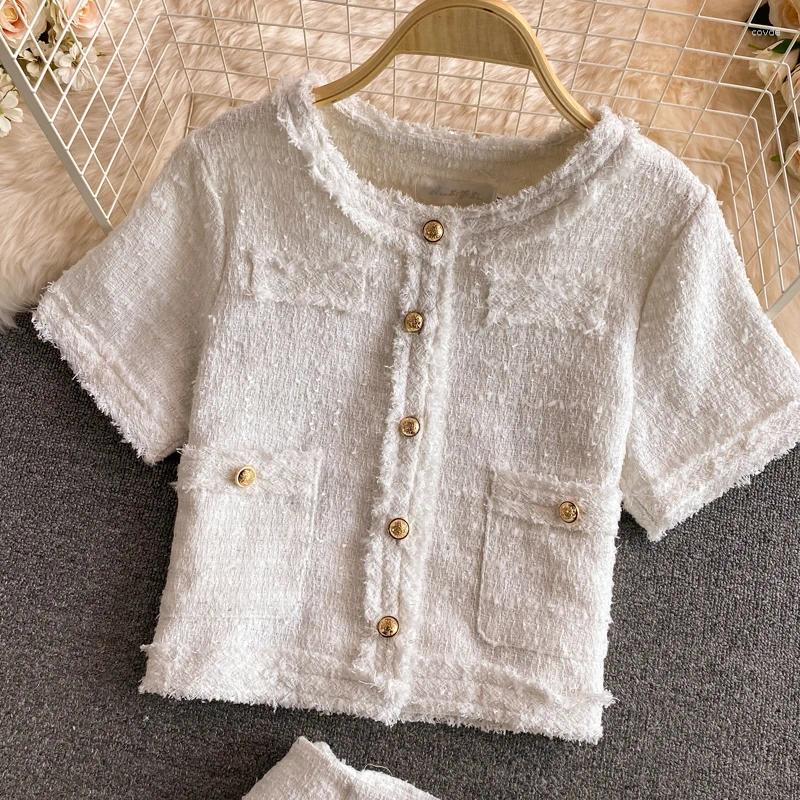 Women's Blouses Fashion Tweed Two Piece Skirt Set Elegant Short Jacket Coat Sleeved High Waist Wrapped Hip Half