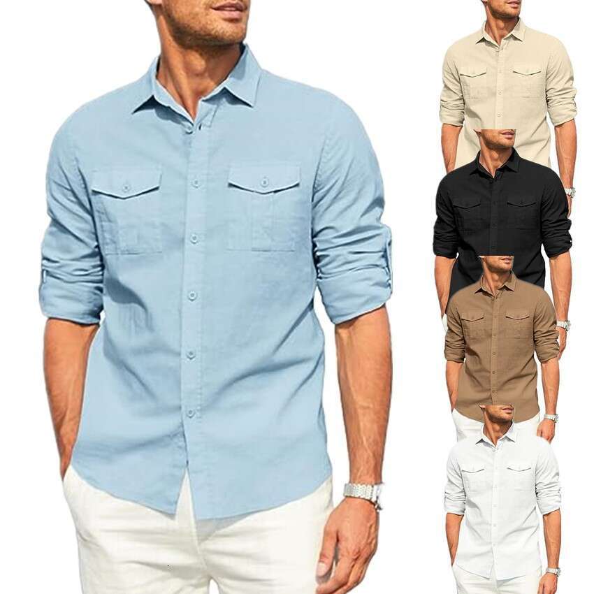 European American Men's Shirt With Double Pockets, Cotton And En Long Sleeves For Leisure Vacation B1