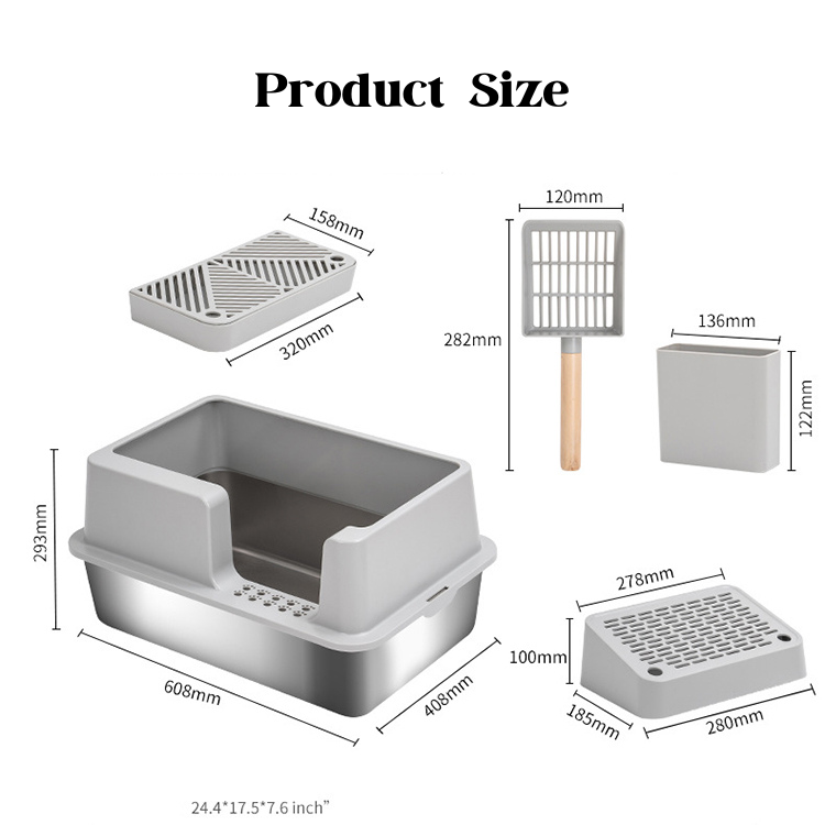 Odorless Metal Cat Toilet Pan Large Stainless Steel Litter Box wit High Side Lid