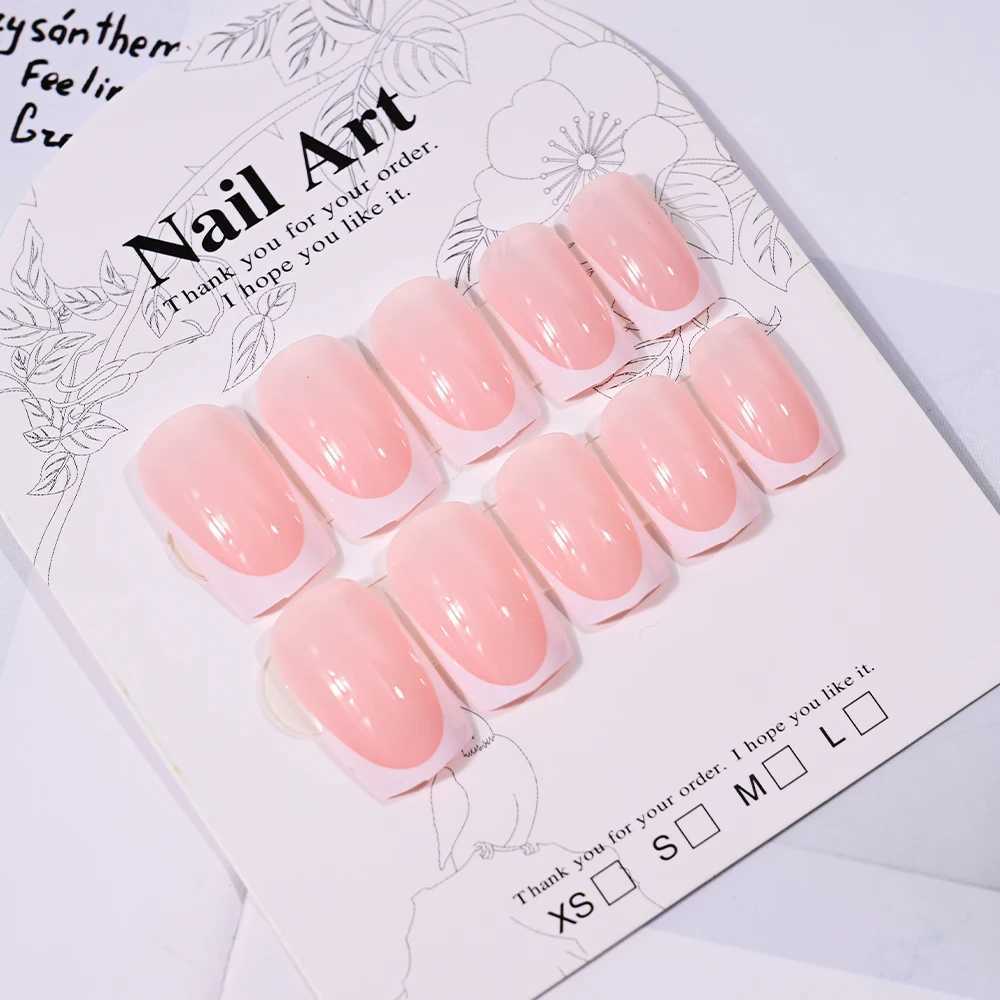24 pieces of nude pink French short square French nails white pointed ice transparent pressed nails fully covered elegantly wearing fake nailsW241125