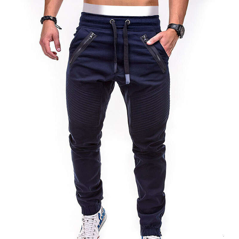 New Men's Casual Fashionable Drawstring Elastic Sports Pants With Double Zippers And Striped Ankle Binding Workwear B1
