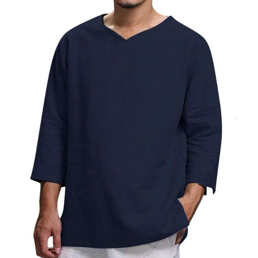 Autumn New Trade Men's Top Long Sleeved V-Neck Cotton En Loose Ing B2