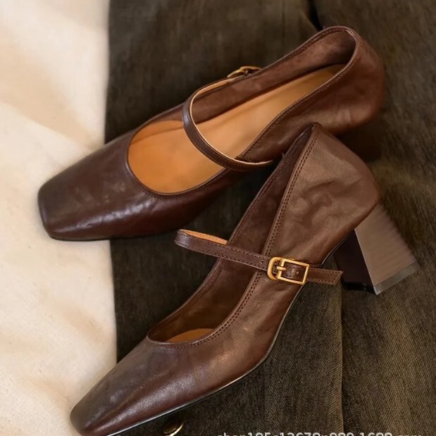 2024 New Spring Square Head Retro Mary Jane Shoes Coarse Follow up Shoes for Women Black JK Small Leather Shoes High Heels for Women