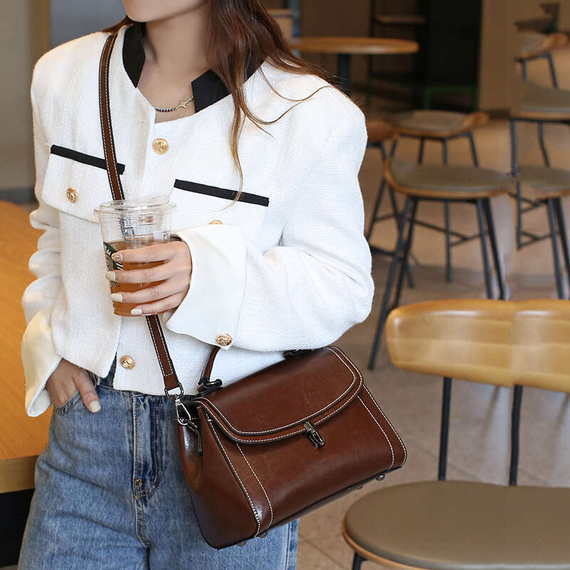 YANATARI Vintage Messenger Cowhide Coffee Leather Handbags Minimalist Square Crossbody Women Female Bag