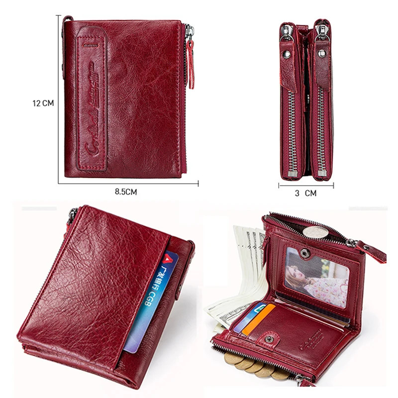 Fashion genuine leather womens wallet double fold wallet red ID card clip coin wallet double zipper small womens wallet 241125