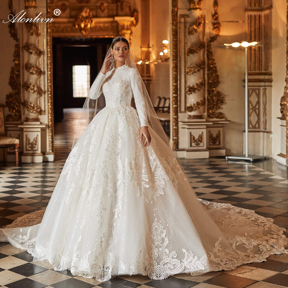 Gorgeous Sparkly Lace High Collar Full Sleeves Muslin Ball Gown Wedding Dress Beading Pearls Appliques princess Bridal Gowns With Multi-layered Lace
