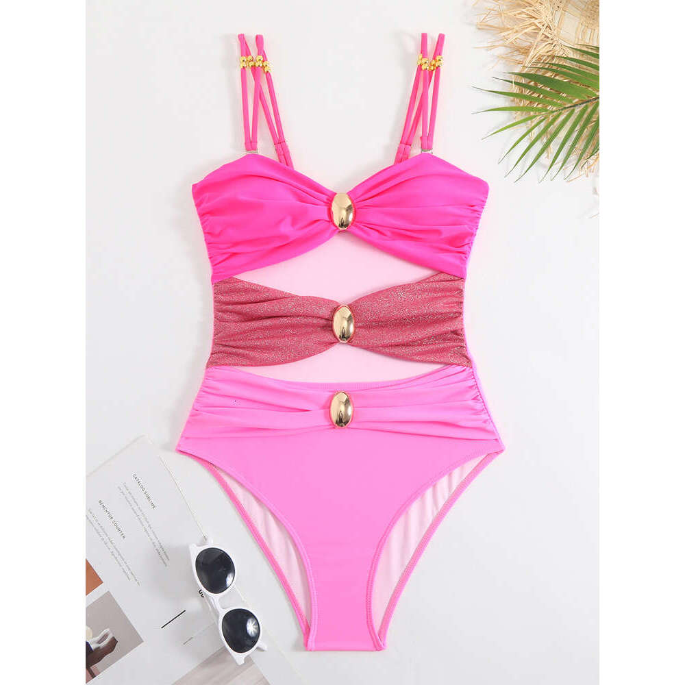 Elegant Color Blocking One Piece Swimsuits 2024 Woman Sexy Hollow Out Bikini Swimwear High Waisted Backless Pink Bathing Suit