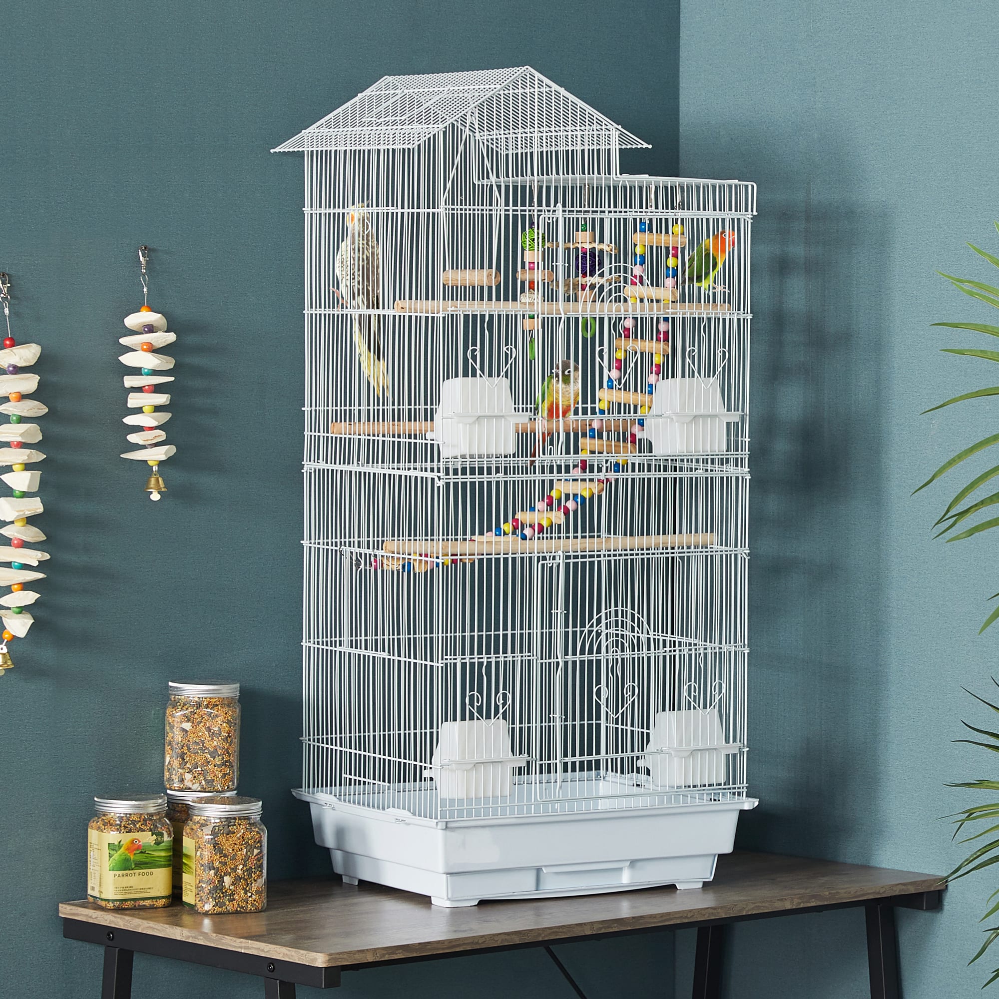 Topeakmart White Metal Bird Cage with Swing Ladder for Small Birds, 39" H