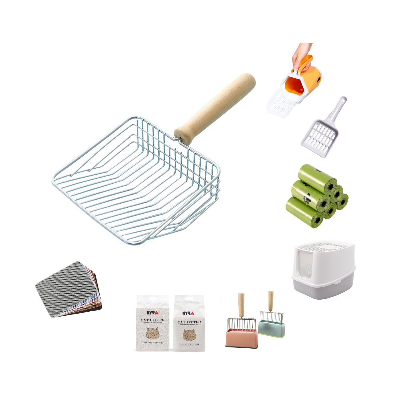 Hyra high quality and good price Metal Cat Litter Scoop Fast Sifting Kitty Poop Scooper Caddy Optional Stand Cat Litter Shovel