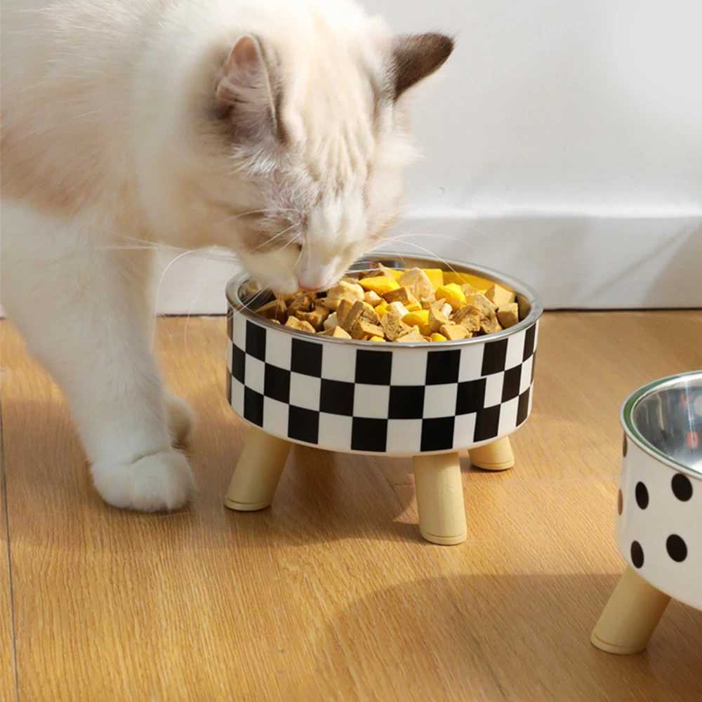 1PC Simple Polka-Dot Plaid Stainless Steel Pet High Bowl Easy To Clean Water Bowl Cat And Dog Feeding BowlXJ241125