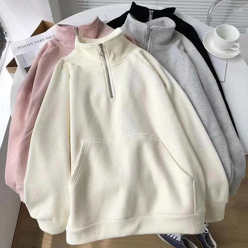 Women's Hoodies Fleece Stand Collar Women Pullover Pure Color Ladies Half Zipper Loose Winter Pocket Fashion Long Sleeves Sweatshirts