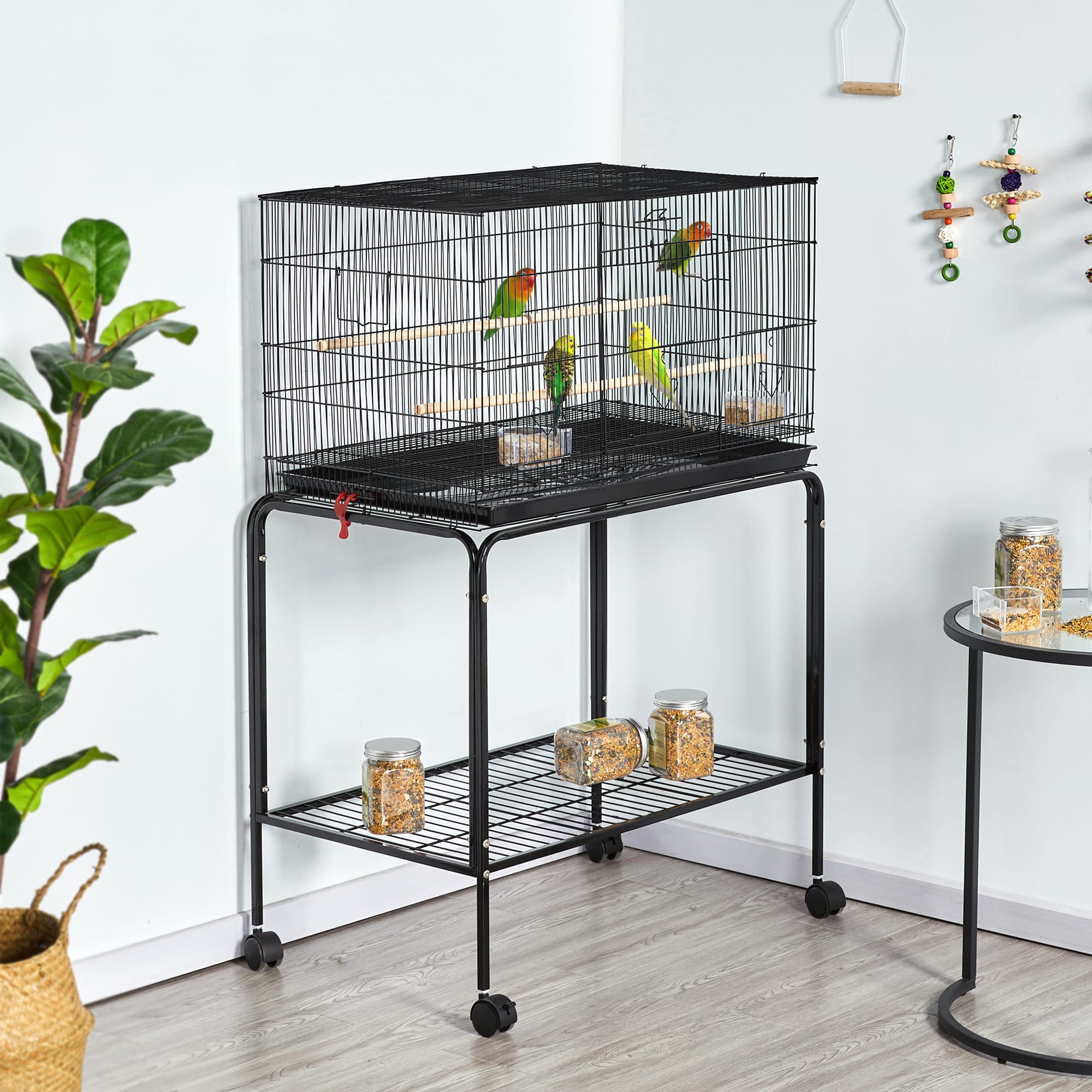 Topeakmart Black 47" Flight Cage with Slide-Out Tray and Rolling Detachable Stand for Birds