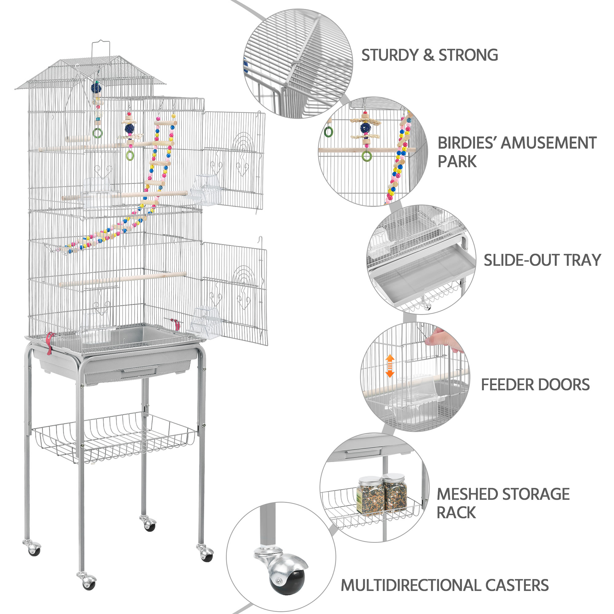 Topeakmart Light Gray Metal Bird Cage with Ladder Toy and Rolling Detachable Stand, 62.4" H