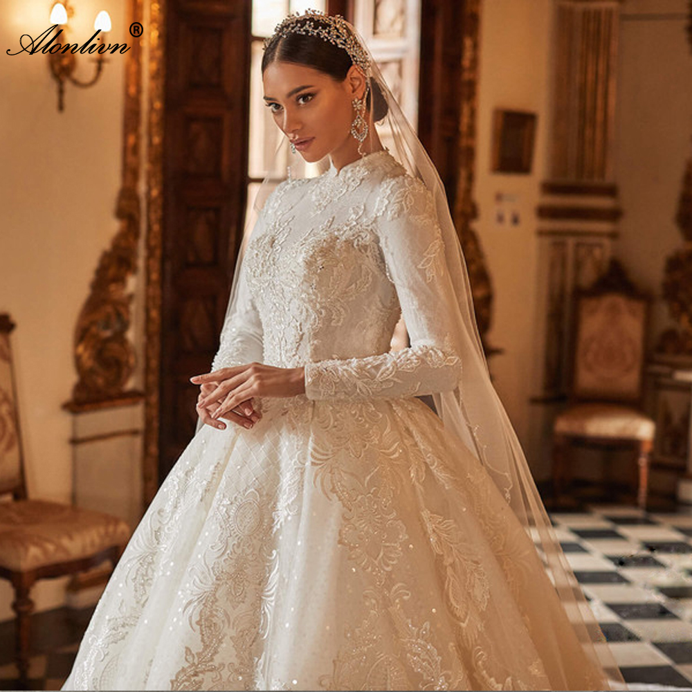Gorgeous Sparkly Lace High Collar Full Sleeves Muslin Ball Gown Wedding Dress Beading Pearls Appliques princess Bridal Gowns With Multi-layered Lace