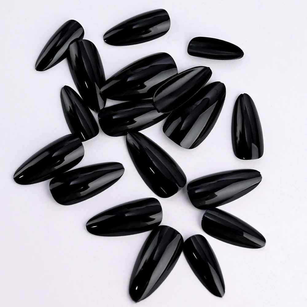 100pcs Black Almond Fake Nail Mid-length Solid Color Artificial Nail Removable Press On Nails Tip Almond Nail Art False NailW250120