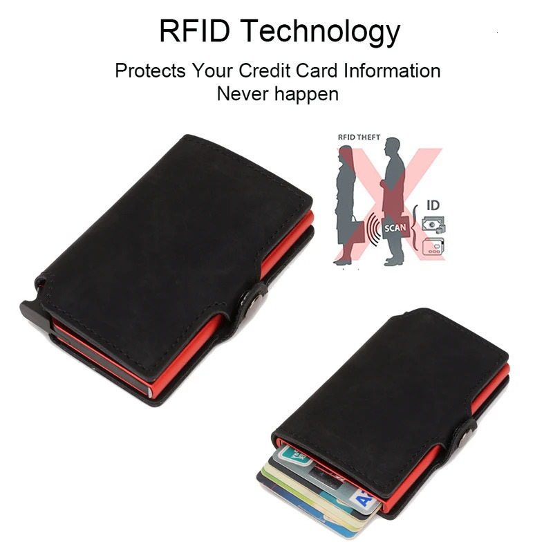 DIENQI black leather mens wallet RFID metal ultra-thin business card holder cash pocket money bag magic wallet Wolet Walet 241125