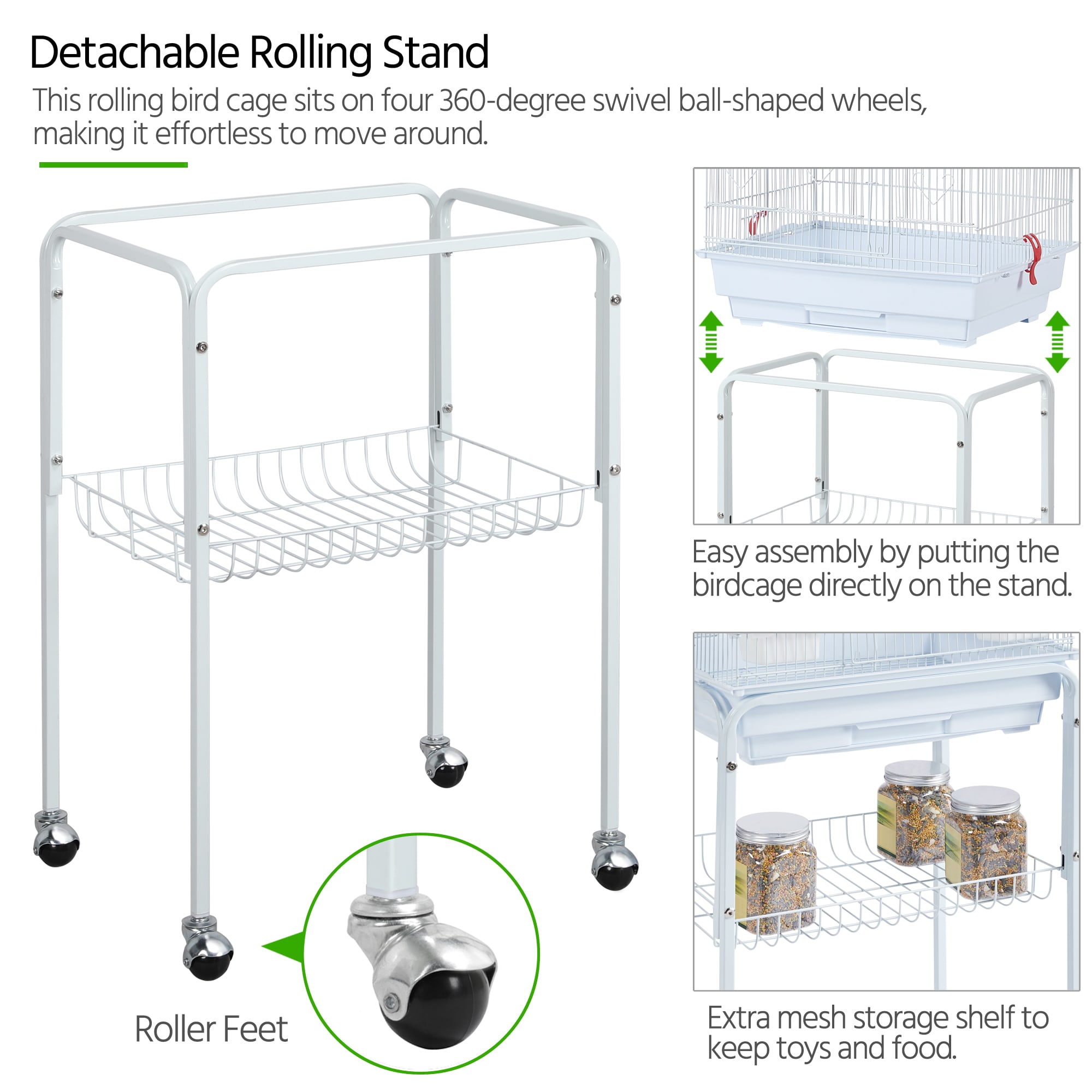 Topeakmart White Metal Bird Cage with Ladder Toy and Rolling Detachable Stand, 62.4" H