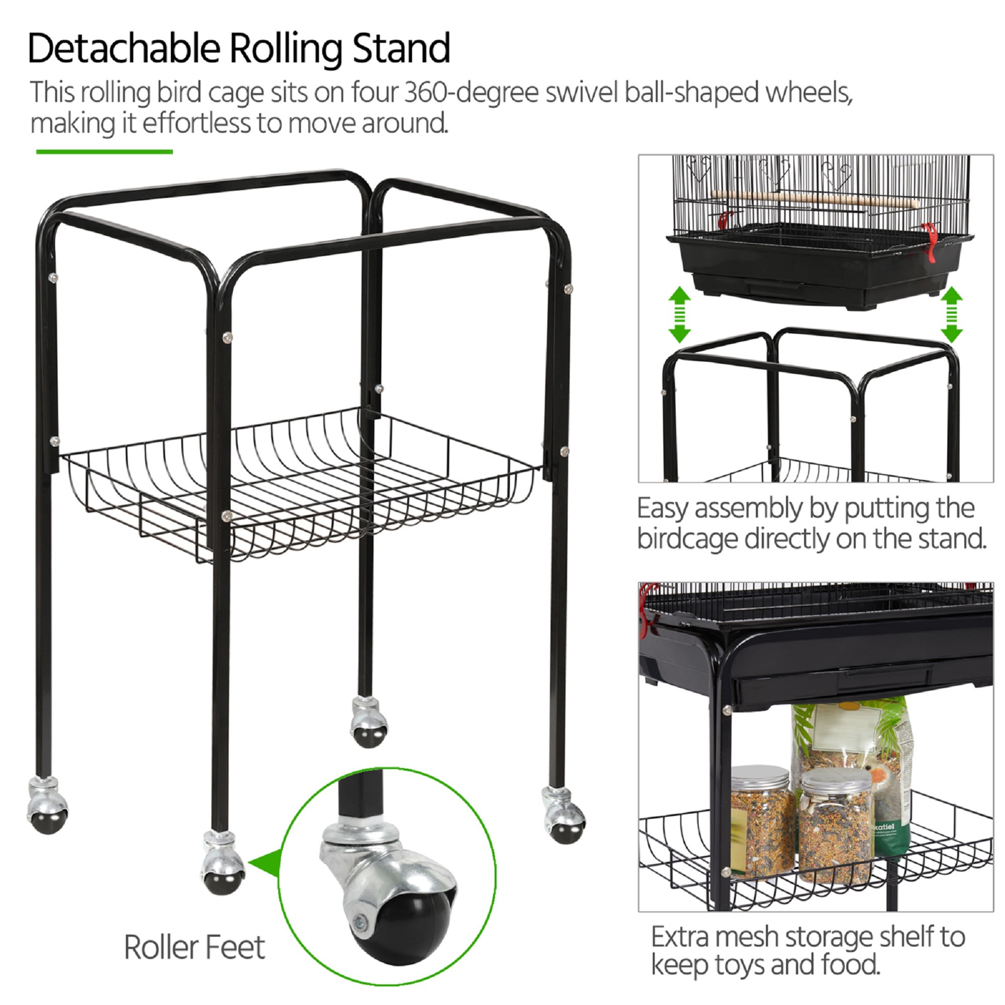 Topeakmart Black Open Top Metal Bird Cage with Rolling Stand, 64" H