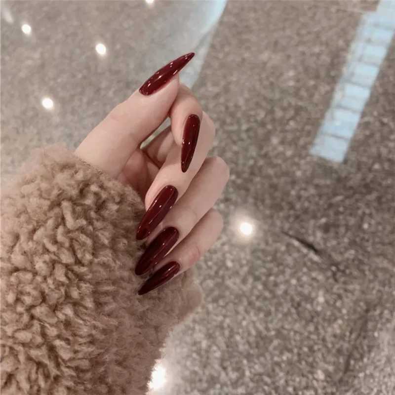 24 pieces of red almond fake nails pure gray French fake nails with glue on the nails white flashing press detachable nail tip artW241125