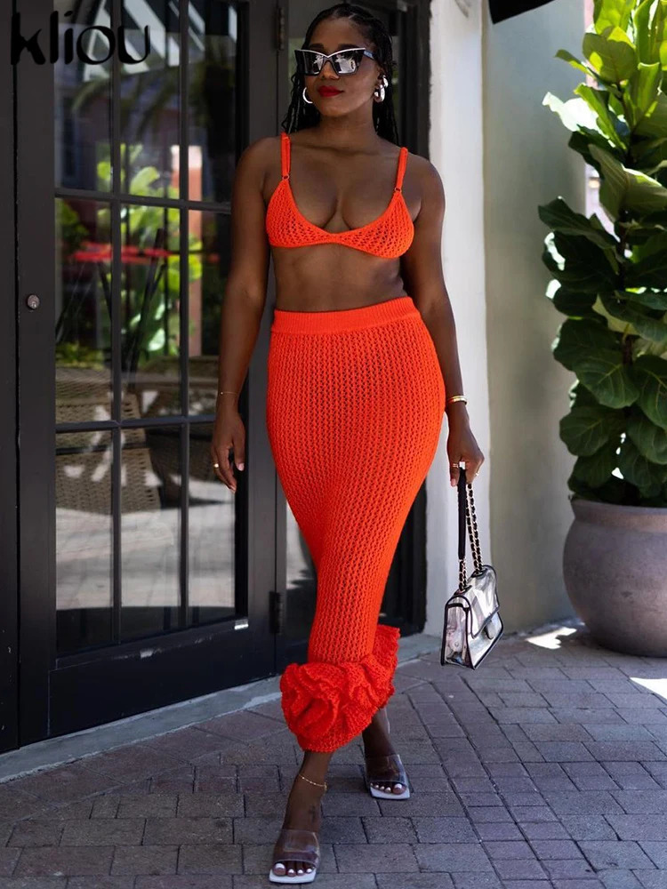 kliou Summer Women Knitted Two Piece Set Solid Sheer Sexy Cleavage CamisoleHigh Waist Stacked Slim Hip Skirts Female Attirewear 240423