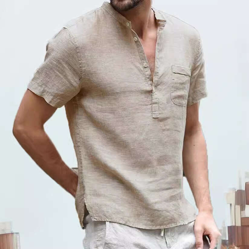 Summer New Cotton En Short Sleeved Men's T-Shirt Stand Up Collar Button Half Open Simple Shirt For Sports And Leisure B3