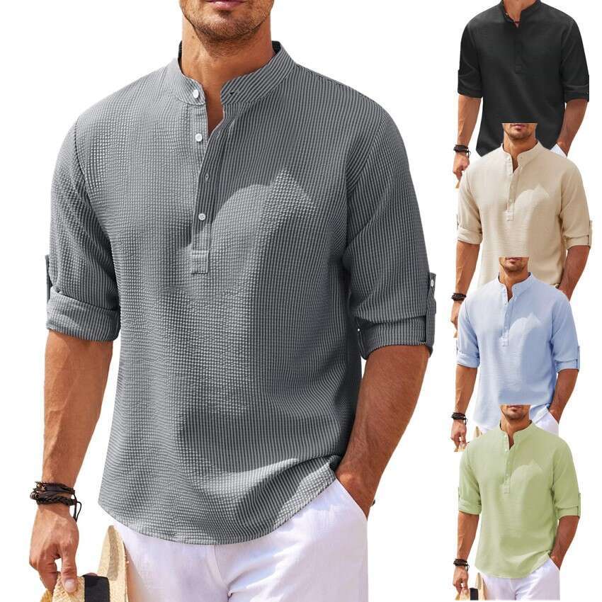 European And American Men's Shirt Long Sleeved Stand Up Collar Open Button Pineapple Plaid Casual Top Wholesale B2