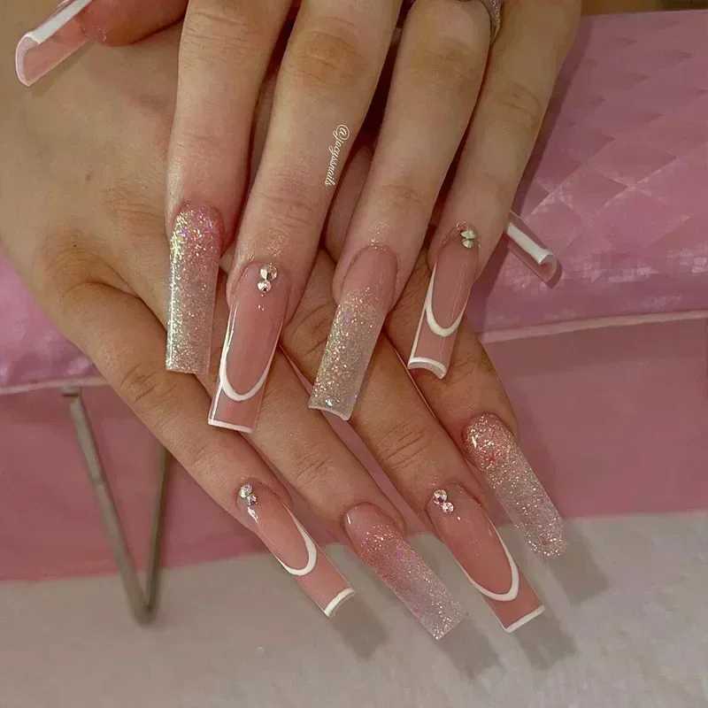 24 pieces of long ballet dancer fake nails pressed snake shaped nails with Rhinestone French fake nails wearable white nail tipsW241125