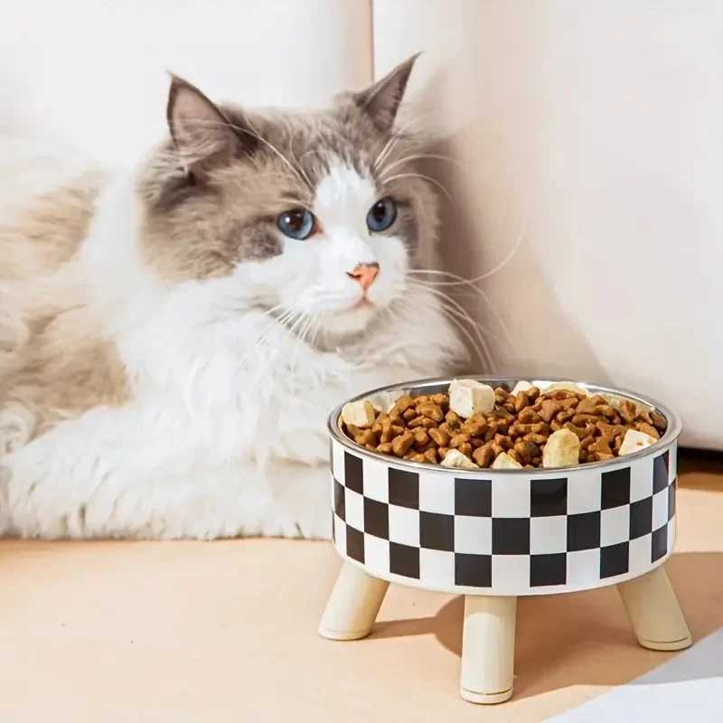Pet bowl polka dot checkered high-legged cat bowl dog bowl heightened neck protection food and water pet suppliesXJ241125