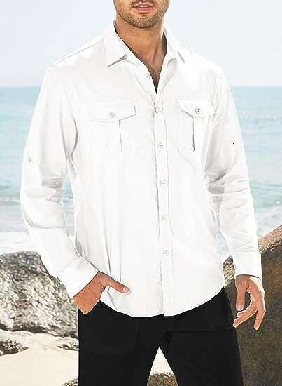 European American Men's Shirt With Double Pockets, Cotton And En Long Sleeves For Leisure Vacation B1