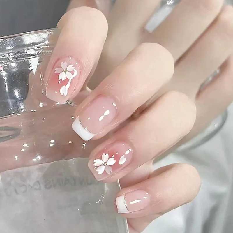 Sweet Mountain Tea Wearable Pink Pressing Fake Nail Tips with Glue Fake Nail Design Butterfly Cute Girl Fake NailW241125