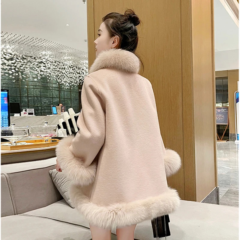 Winter Womens Woolen Coat Fashion Fox Fur Mid-Length Jacket Female Double-Sided Wool Cloak Thick Warm Outerwear 2025 241125