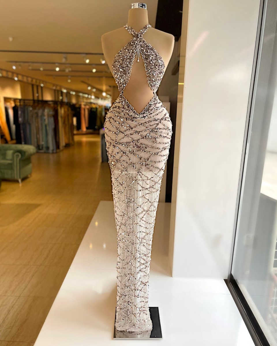 Fashion Halter Prom Dresses Women Mermaid Sleeveless Sequined Crystal Evening Gowns Glitter Floor Length Customized Party Dress