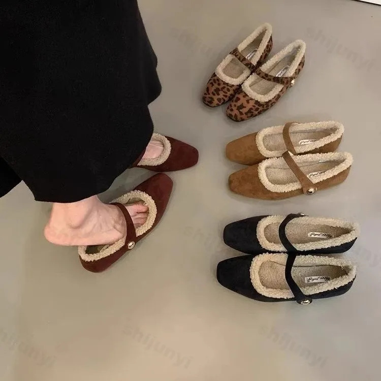 Square Toe Cosy Lambs Wool Ballet Flats Woman Warm Teddy Fur Mary Jane Shoes Ladies Leopard Elegant Fluffy Plush Loafers 241125