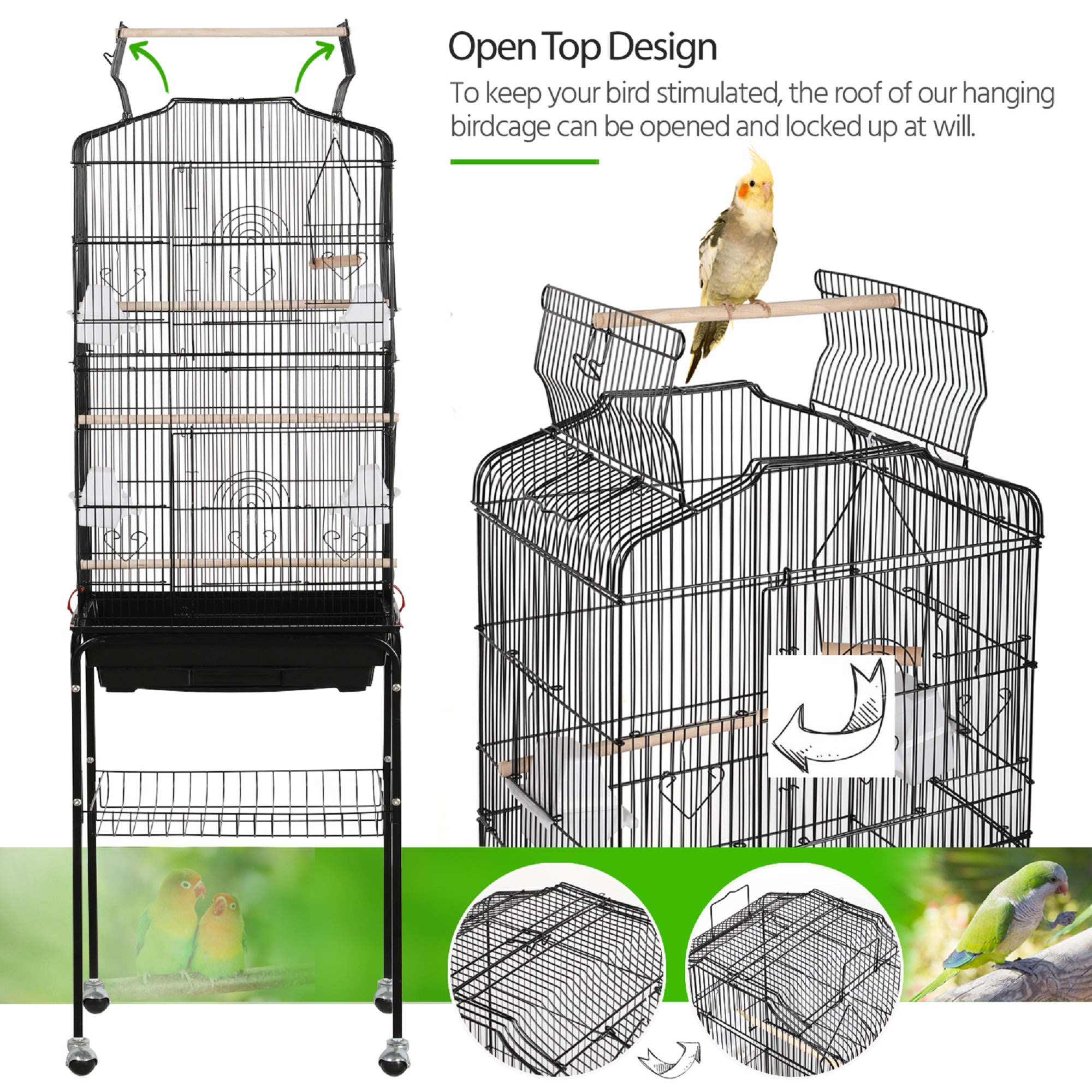Topeakmart Black Open Top Metal Bird Cage with Rolling Stand, 64" H