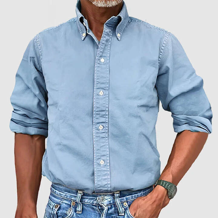 Four Seasons New Men's Business Daily Urban Versatile Collar Button Solid Color Shirt B3