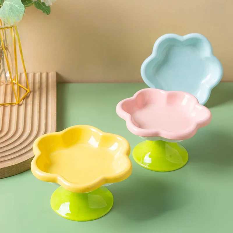 Ceramic Raised Cat Bowl with Flower Design Elevated Neck Protection Ergonomic Durable Cutlery for Food Water Cute Dog BowlXJ241125