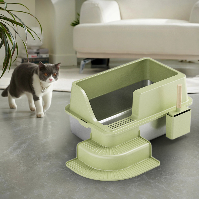 Open Top Cat Litter Tray with Scoop plastic stainless steel cat litter basin with scoop easy clean