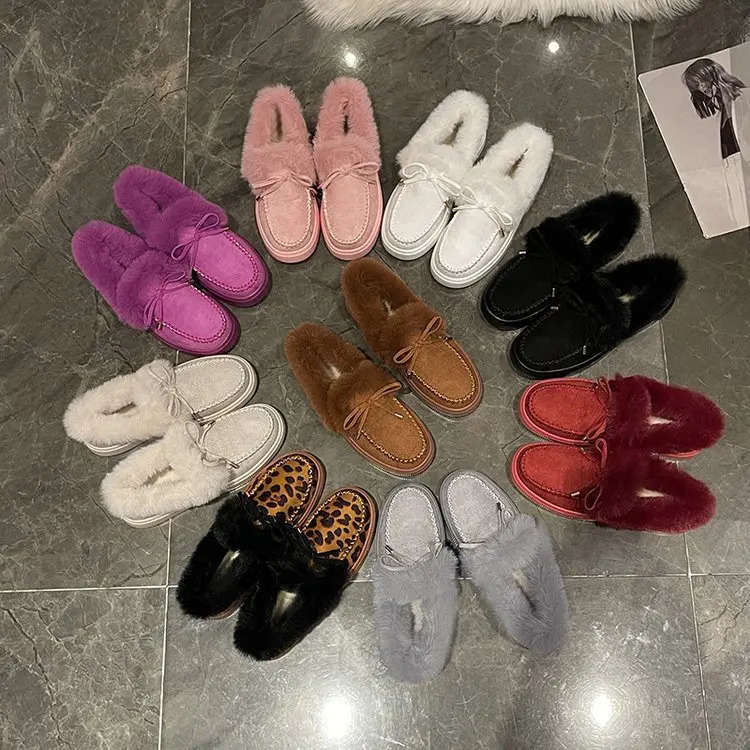 2025 Solid Color Furry Females Feetwear Women Winter Cotton Shoes Plush Warm Snow Boots Ladies Casual Flat Short Boots 4-12 241125