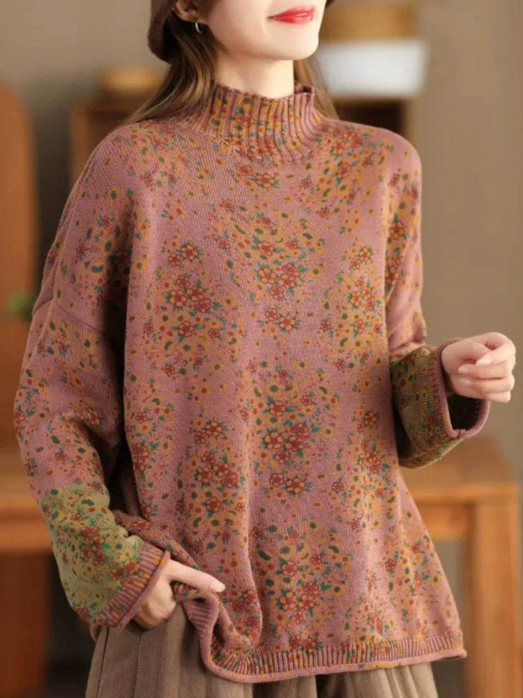 Johnature Women Pullover Sweaters Mock Neck Long Sleeve Patchwork Print Floral Spring Knitted Cotton 241122
