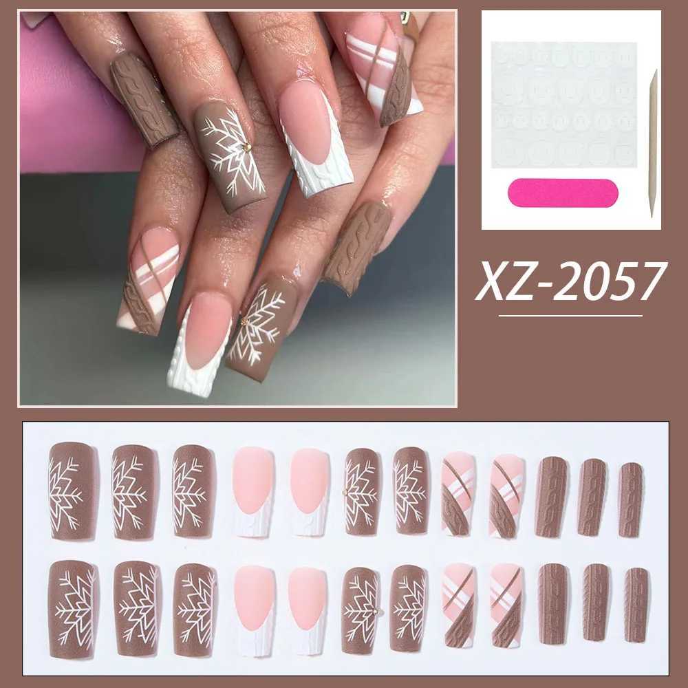 24pcs long automatic and winter square nail brown nail snow bonded diamond full cover fake nail matte 3D texture impressionW241125
