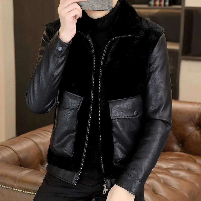 Autumn Winter Leather Fur Integrated Jackets Men Korean Casual Business Overcoat Thickened Warm Faux Fur Social Windproof Coats 241125