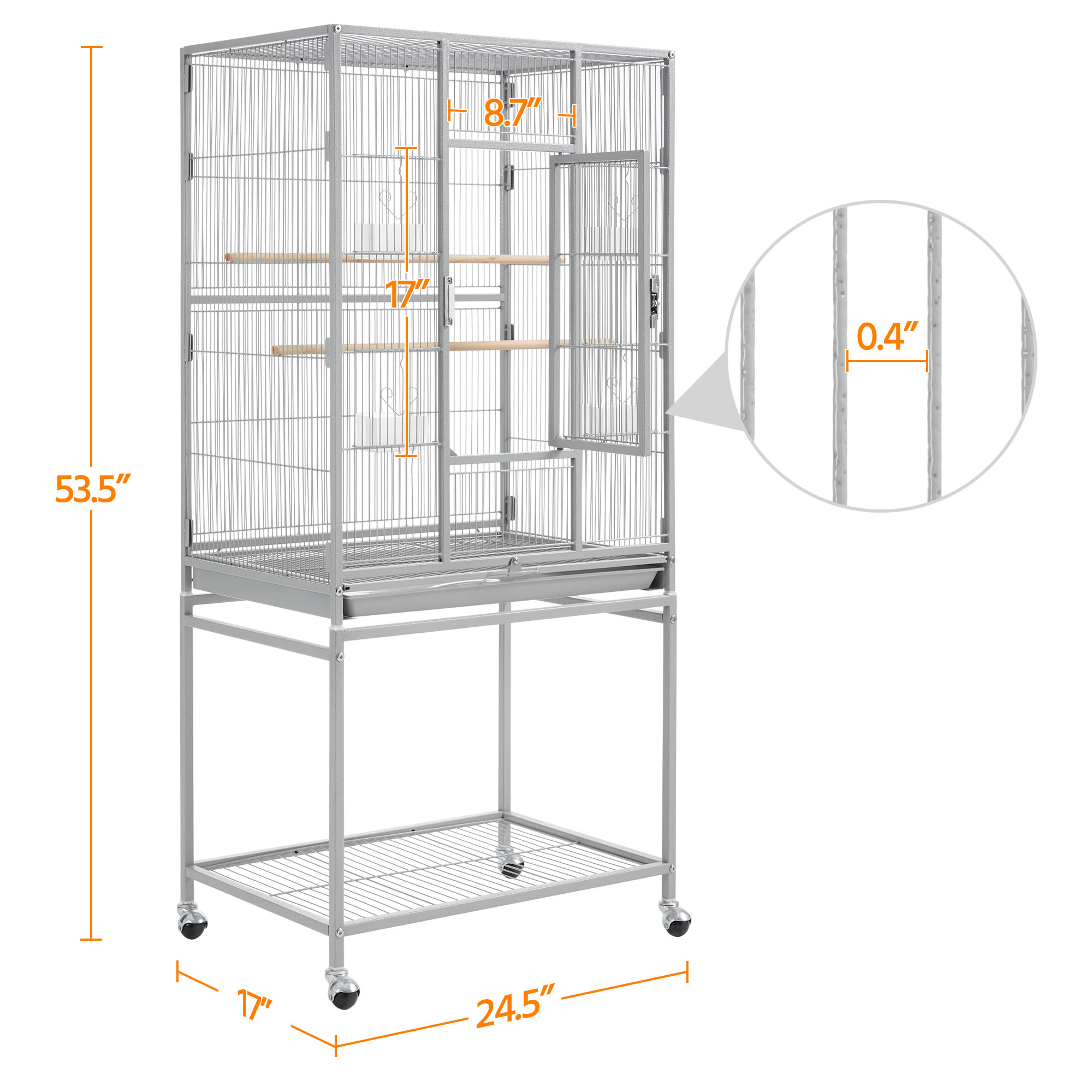 Topeakmart Light Gray Metal Bird Cage with Rolling Detachable Stand, 53.5" H