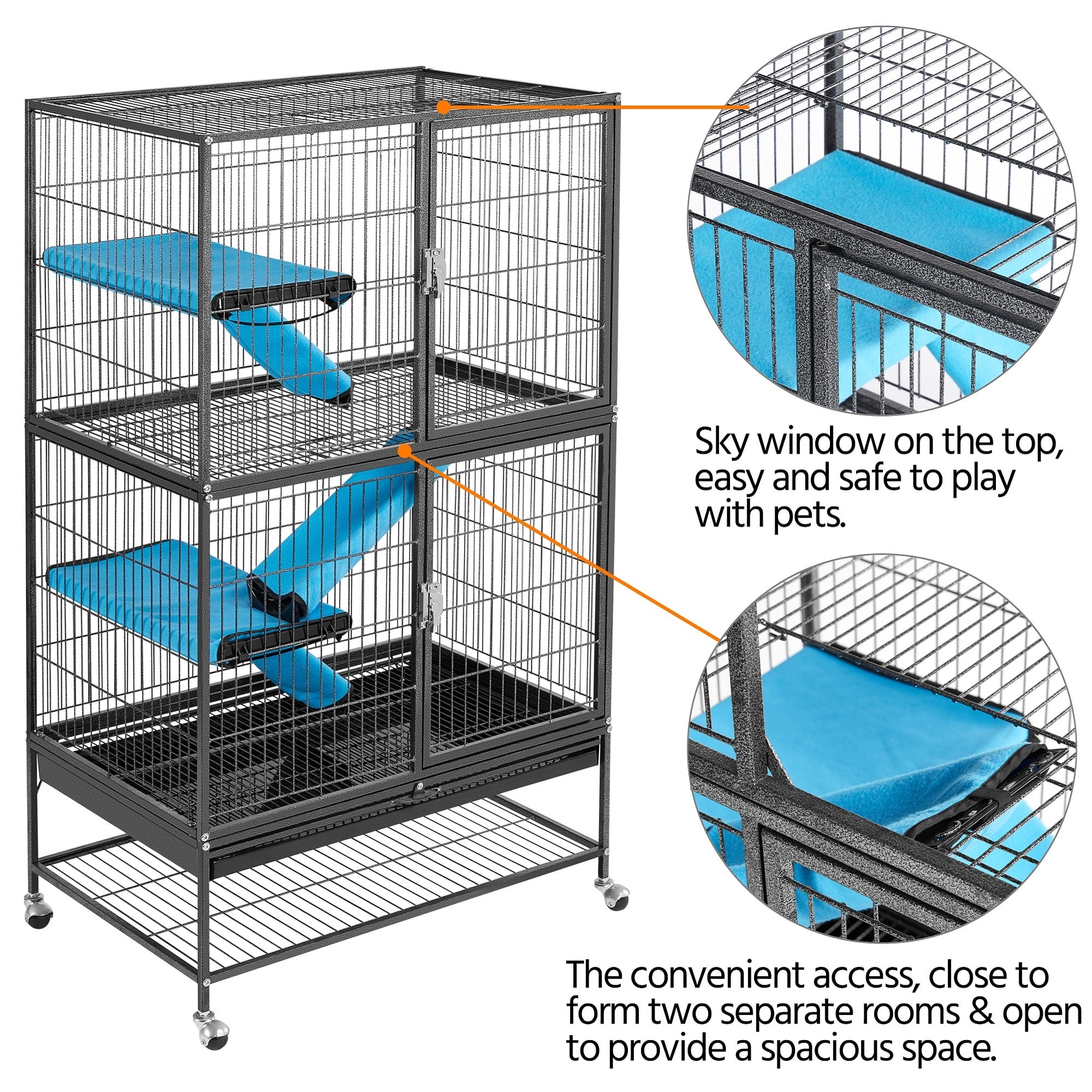 Topeakmart Hammered Black Rolling Metal Small Animal Cage with Removable Ramp, 31" L X 20" W X 54" H